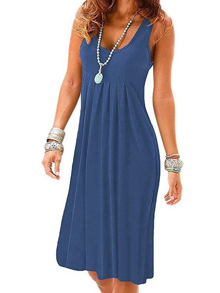 

Annychloe Casual Loose Solid Pleated Dress, Blue, Midi Dresses