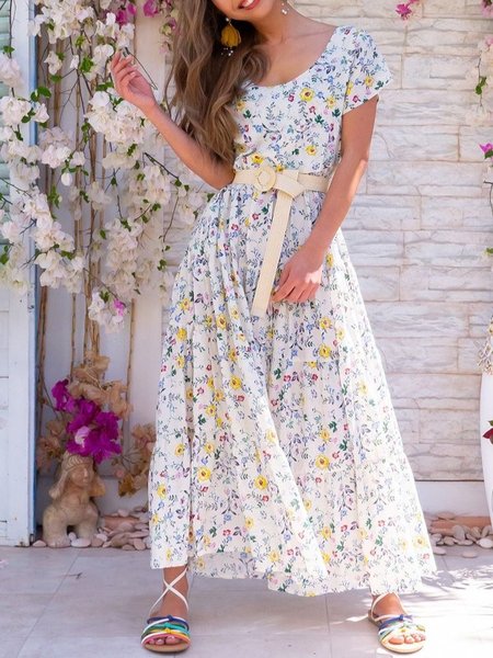 

Boho V Neck Short Sleeve Weaving Dress, As picture, Floral Dresses