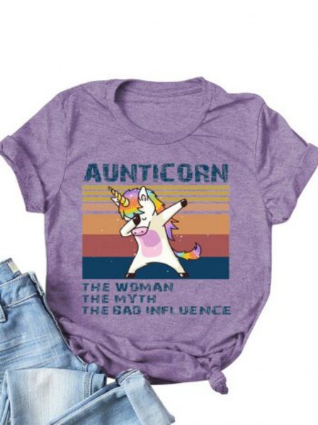

Casual Crew Neck Short Sleeve T-shirt, Purple, T-Shirts