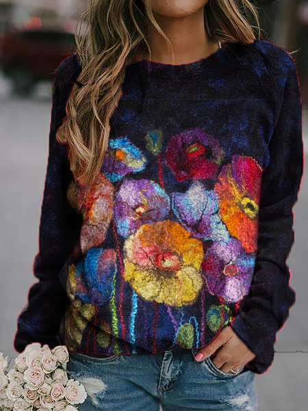 

taglia grande Floreale Casuale Vacanza Top, Navy blu, Sweater