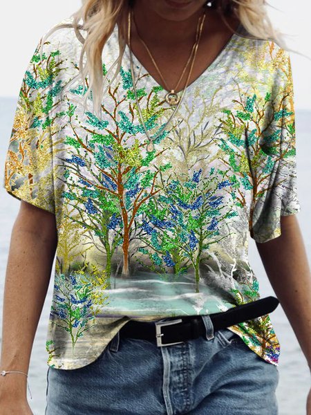

Forest Trees Graphic Short Sleeve V-neck Tee, Green, Tees & T-shirts