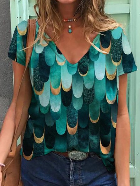 

Casual V Neck Short Sleeve Shirts & Tops, Green, T-shirts