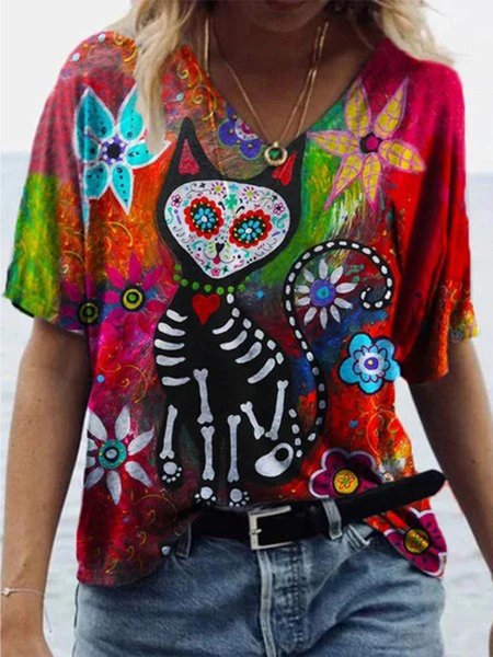 

Halloween Cat Skull Painting Print T-shirt Casual T-shirt, Red, T-Shirts