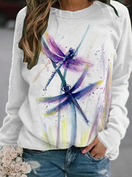 

Vintage Dragonfly Printed Plus Size Long Sleeve Crew Neck Casual Tops, White, Hoodies & Sweatshirts