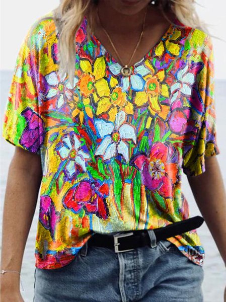 

Flower Oil Painting Print T-shirt, Multicolor, T-shirts