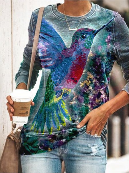 

Hummingbird Long Sleeve Cotton-Blend Crew Neck Casual Woman's T-Shirts & Tops, As picture, Hoodies&Sweatshirts