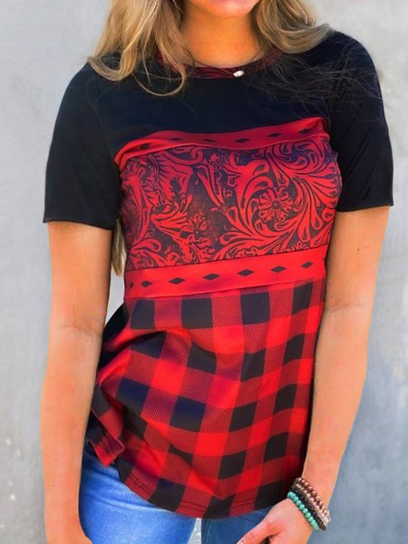 

Short Sleeve Crew Neck Ethnic Shirts & Tops, Red, Tops