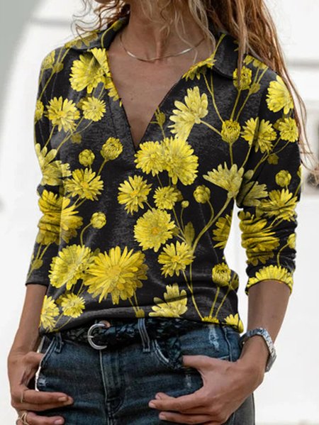 

Gerbera print women's V-neck top, Yellow, Hoodies&Sweatshirts