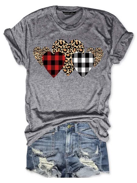 

Valentine Leopard Plaid Heart T-Shirt Tee, Gray, T-shirts