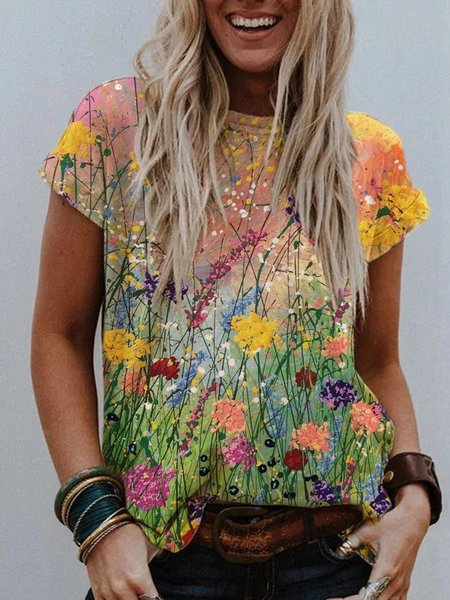 

Women's Summer Casual Flower Print Crew Neck T-shirt, Color, Tops