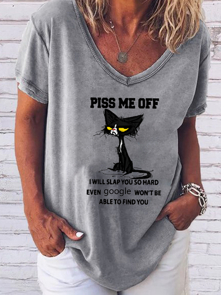 

Short Sleeve Casual V Neck Letter Shirts & Tops, Gray, Printed T-shirts