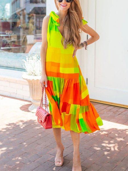 

V Neck Shift Sleeveless Casual Color Block Midi Dress, Yellow, Midi Dresses