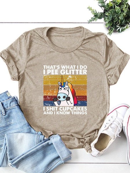 

Letter Short Sleeve Cotton-Blend Tee Tops, Light khaki, Tees & T-shirts