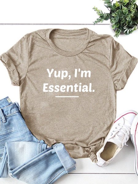 

Crew Neck Short Sleeve Holiday Letter Tee Tops, Light khaki, Tops