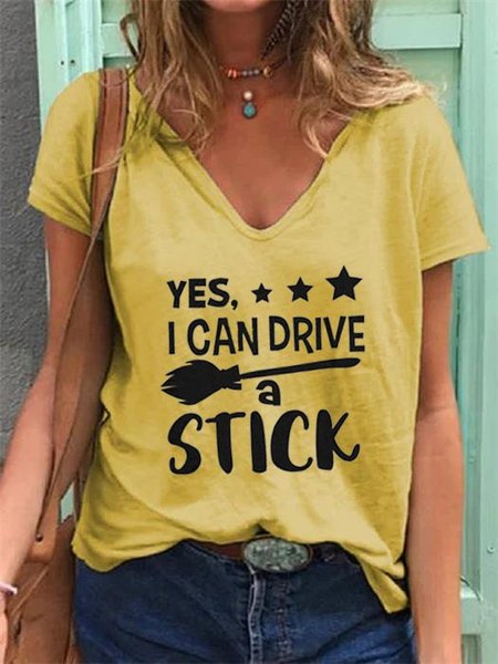 

Short Sleeve V Neck Casual T-shirt, Yellow, Tops