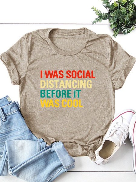 

Letter Casual Short Sleeve Printed Tee Shirts & Tops, Light khaki, Winter Clearance