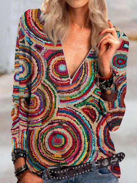 Long Sleeve Printed Top, Red, T-Shirts