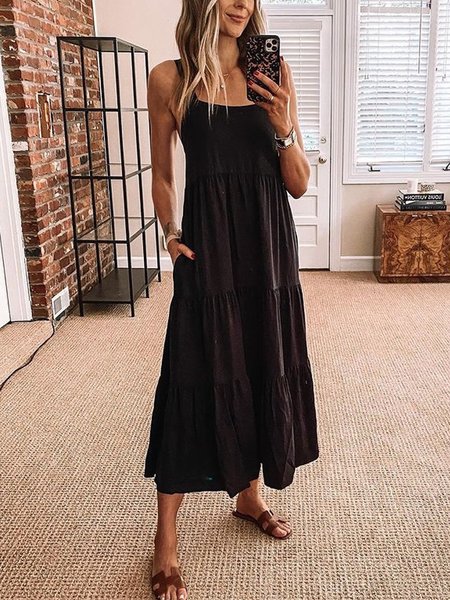 

senza maniche Misto Cotone Abito, Nero, Midi Dresses