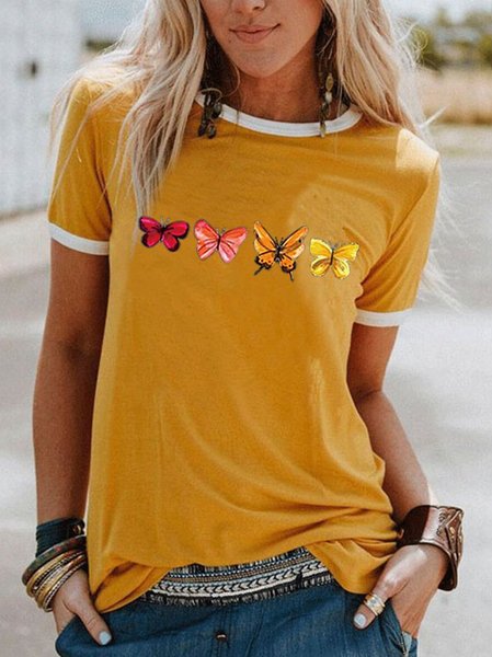 

Butterfly Print Short Sleeve Vintage T-Shirts, Yellow, T-Shirts