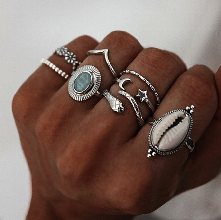 Shell moon five-pointed star snake-shaped flower ring set 8-piece set, Silver, Bracelets