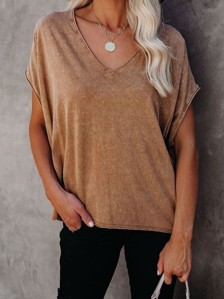 

Short Sleeve V Neck Casual T-shirt, Deep khaki, Tees & T-shirts