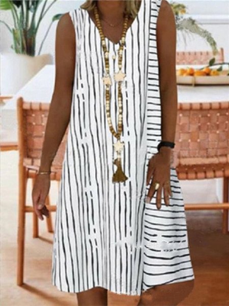 

A-Line Stripes Casual Sleeveless Dresses, White, Dresses