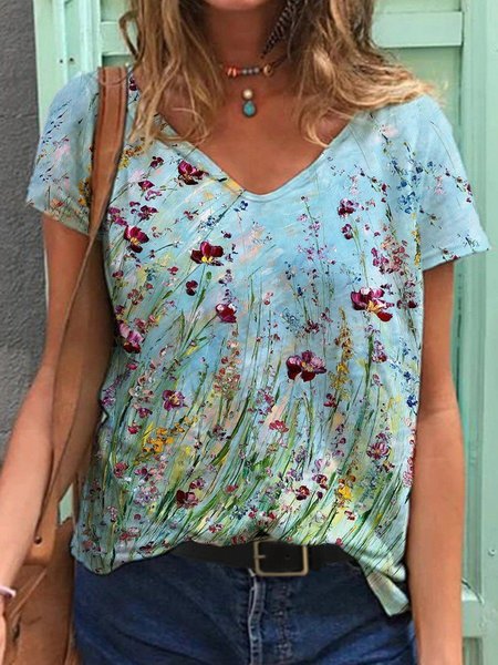 

Summer Flower Painting Print V-Neck Casual T-shirt, As picture, T-Shirts