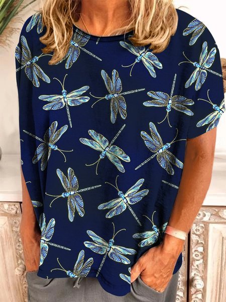 

Dragonfly Graphic Casual Short Sleeve Top, Deep blue, T-shirts