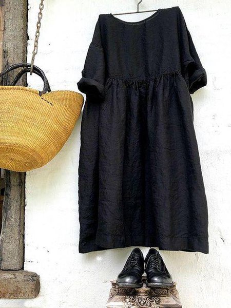 Gonna Casuale Mezza Manica Girocollo Misto Cotone, Nero, Linen & Cotton Dresses