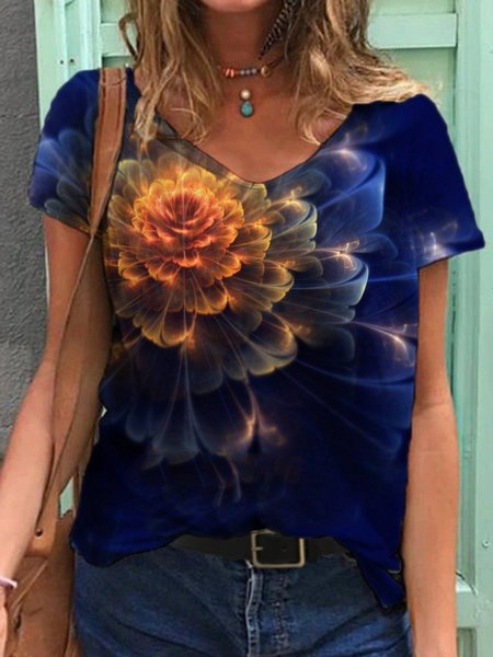 

Fiore Stame La Pittura Stampare Scollo A V T-shirt, Blu, T-Shirts