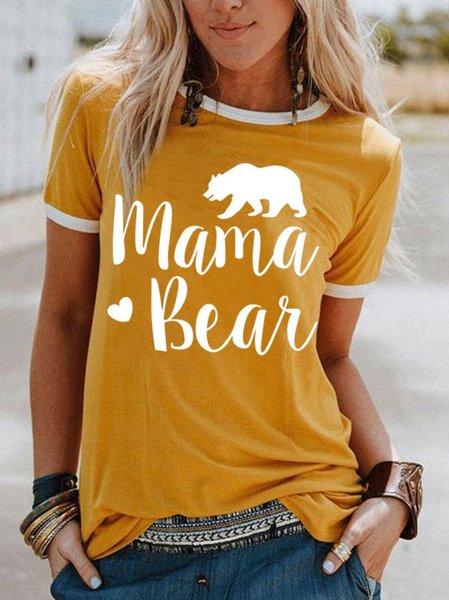

MAMA BEAR Print Casual Modal Crew Neck T-shirt, Yellow, Tops