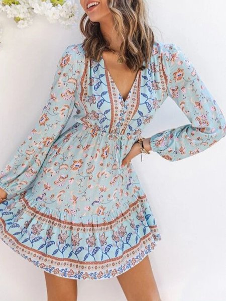 

V Neck Floral Long Sleeve Holiday Weaving Dress, Light blue, Dresses