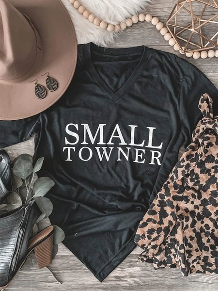 

Letter Print V-neck Casual Long-Sleeved Top, Black, T-Shirts