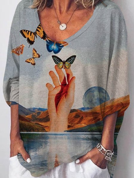 

3D Landscape Graphics Casual Long Sleeve Top, Gray, Hoodies&Sweatshirts