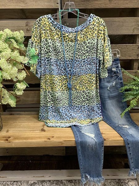 

Printed leopard print round neck plus-size top, Yellow, Winter Clearance