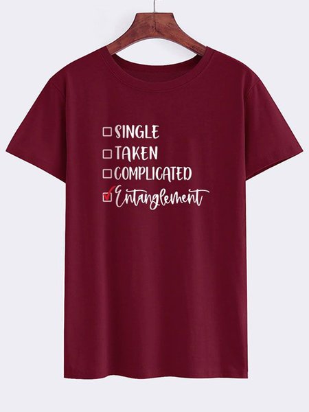 

Women Single Taken Complicated Entanglement Letter Printed T-shirts Tops, Burgundy, T-shirts