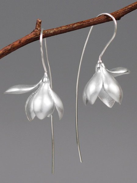 Magnolia simulation natural flowers Plain Earrings, Silver, Accessories