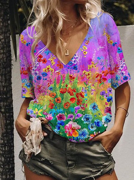 

Watercolor Floral Graphic V-neck Short Sleeve Loose Tee, Multicolor, T-shirts