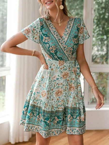 

Abito Scollo a V Stampato Bohemian Floreale, Verde, Midi Dresses