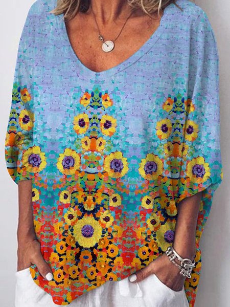 

Cosmos Flower Oil Painting Graphic V-neck Top, As picture, Hoodies&Sweatshirts
