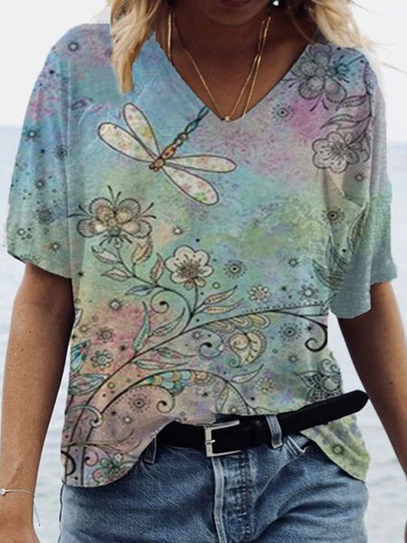 

Vintage Dragonfly Printed Plus Size Short Sleeve V Neck Casual Tops, White, Printed T-shirts