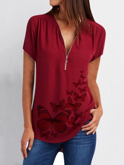 

Casual Butterfly Print Zipper Short Sleeve Blouse, Red, Tops