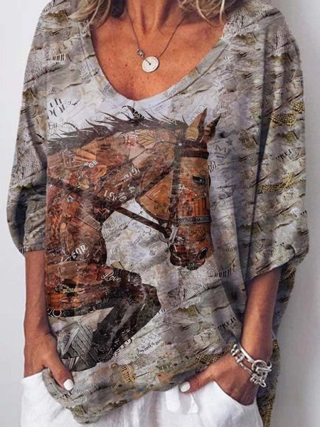 

V Neck Casual Long Sleeve horse Shirt, Gray, Hoodies&Sweatshirts