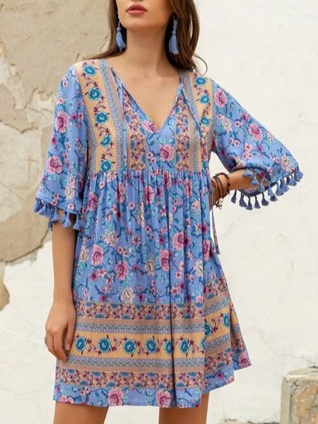 

Floral 3/4 Sleeve V Neck Printed Weaving Dress, As picture, Floral Dresses