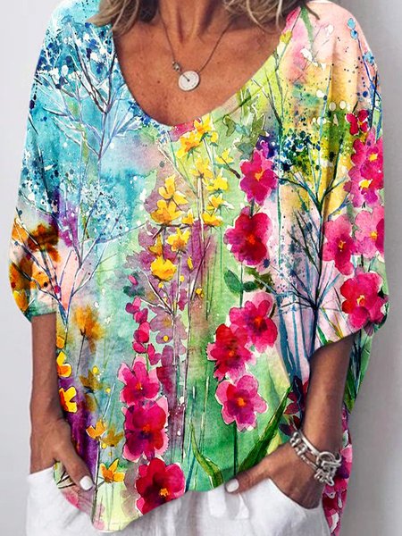 

Colorful Flower Painting T-shirt, Multicolor, T-shirts