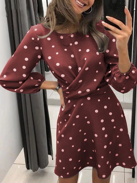 

Crew Neck A-Line Long Sleeve Vintage Dress, Wine red, Mini Dresses