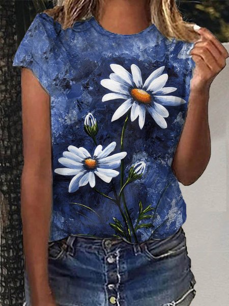 

Crew Neck Short Sleeve Floral Canvas Daisy Acrylic Paintings Print Casual T-shirt, Blue, T-Shirts