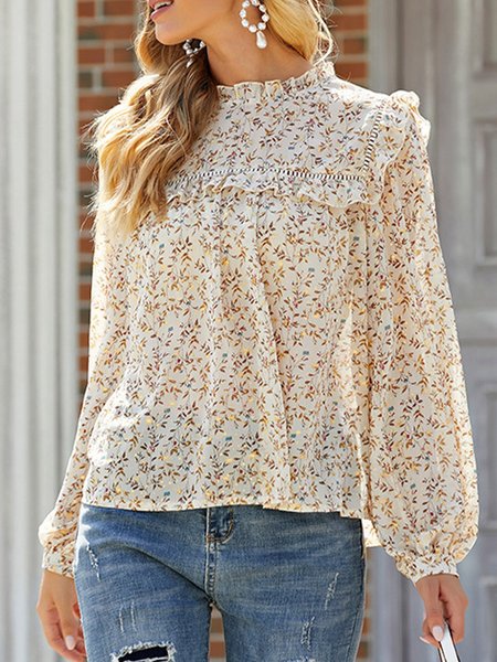 

Long Sleeve Stand Collar Shift Floral Top, As picture, Blouses and Shirts