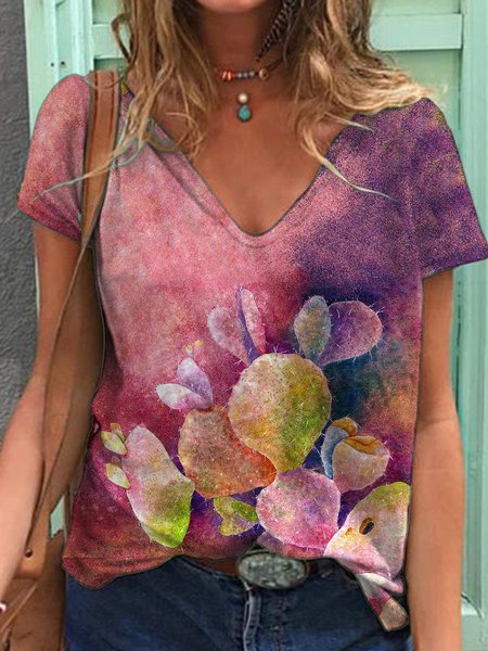 

Valentine's Day Pink Cactus Oil Painting Graphic Tee, As picture, T-shirts
