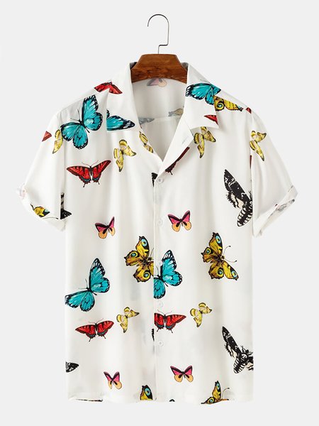 

Men's Butterfly Printed Shirt Collar Shirts, White, Men's Floral shirt